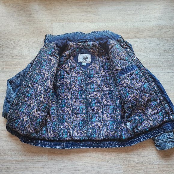 Vintage Eagle's Ridge Acid Denim Faux Leather Trim Bomber Jacket Quilt-Lining - Picture 9 of 12